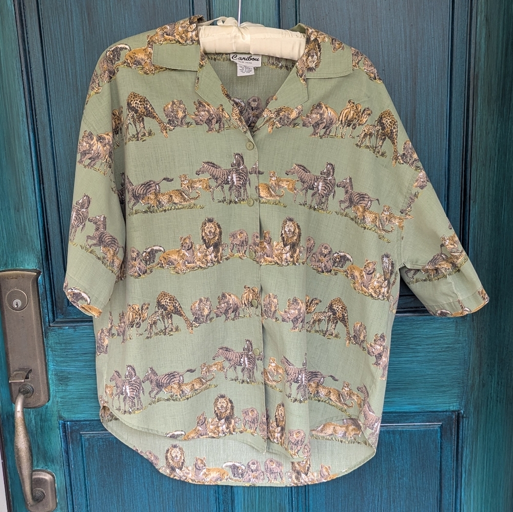 Vintage Caribou Safari Animal Print Button Down Shirt XL | 90s Neo Nostalgia